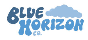 Blue Horizon Co. logo in playful, rounded bubble letters with a light blue cloud above the word ‘Horizon’; text transitions from deep navy to sky blue for a dreamy, nostalgic feel